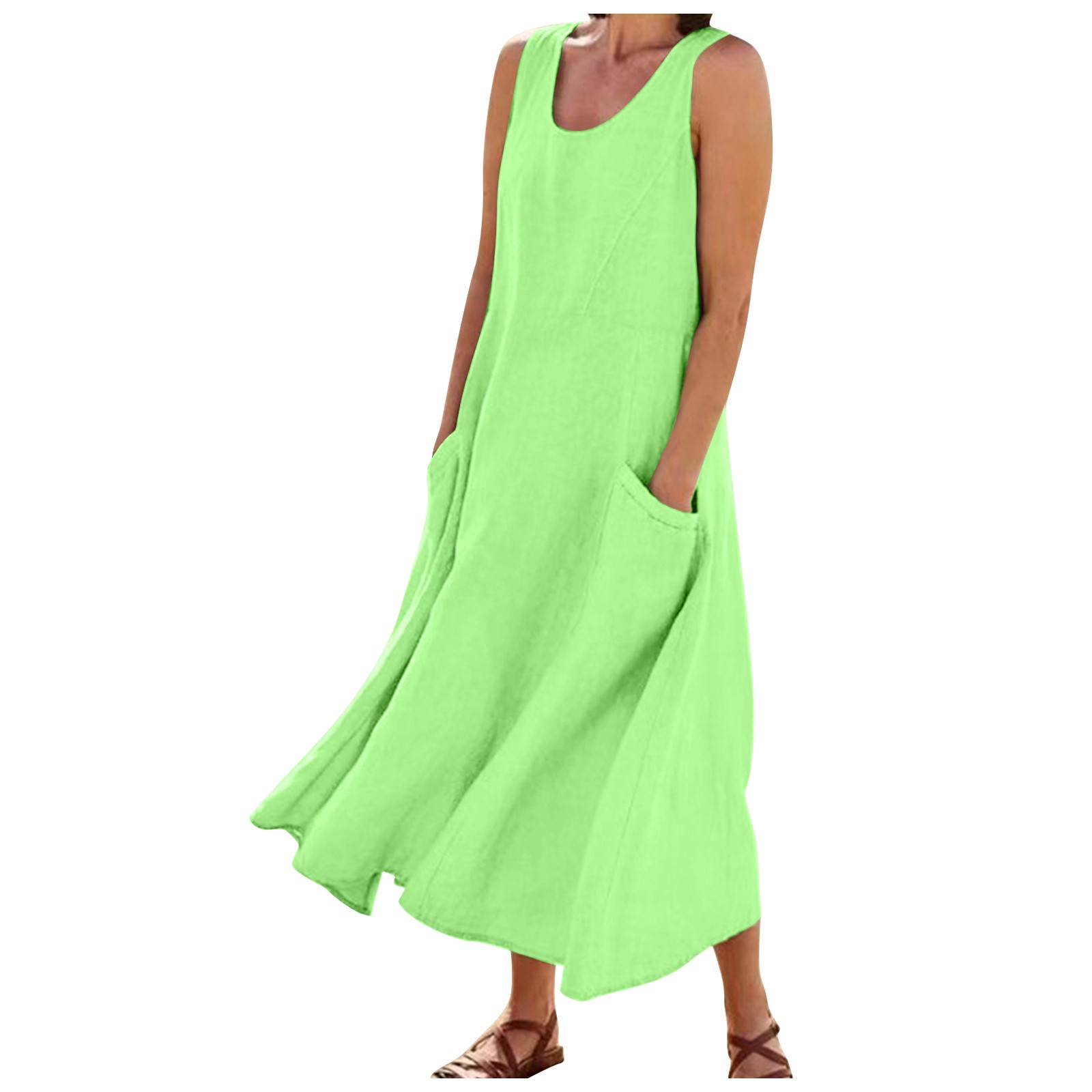 thumbnail image 4 of Vestido largo liso con cuello redondo y bolsillos para mujer: corte holgado informal, transpirable, adecuado para la playa, fiestas y el día a día, tallas S-XXL., 4 of 7